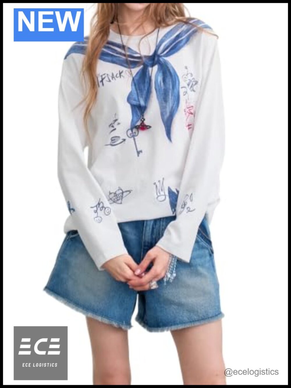 Womens Sailor Collar Graphic Tee Doodle Print Cotton Loose S-L